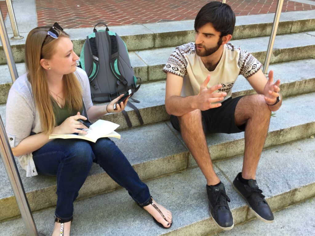 Writer Eliza Eisenhardt interviews Brian Iezzi in front of Thompson Hall on April 14, 2016.