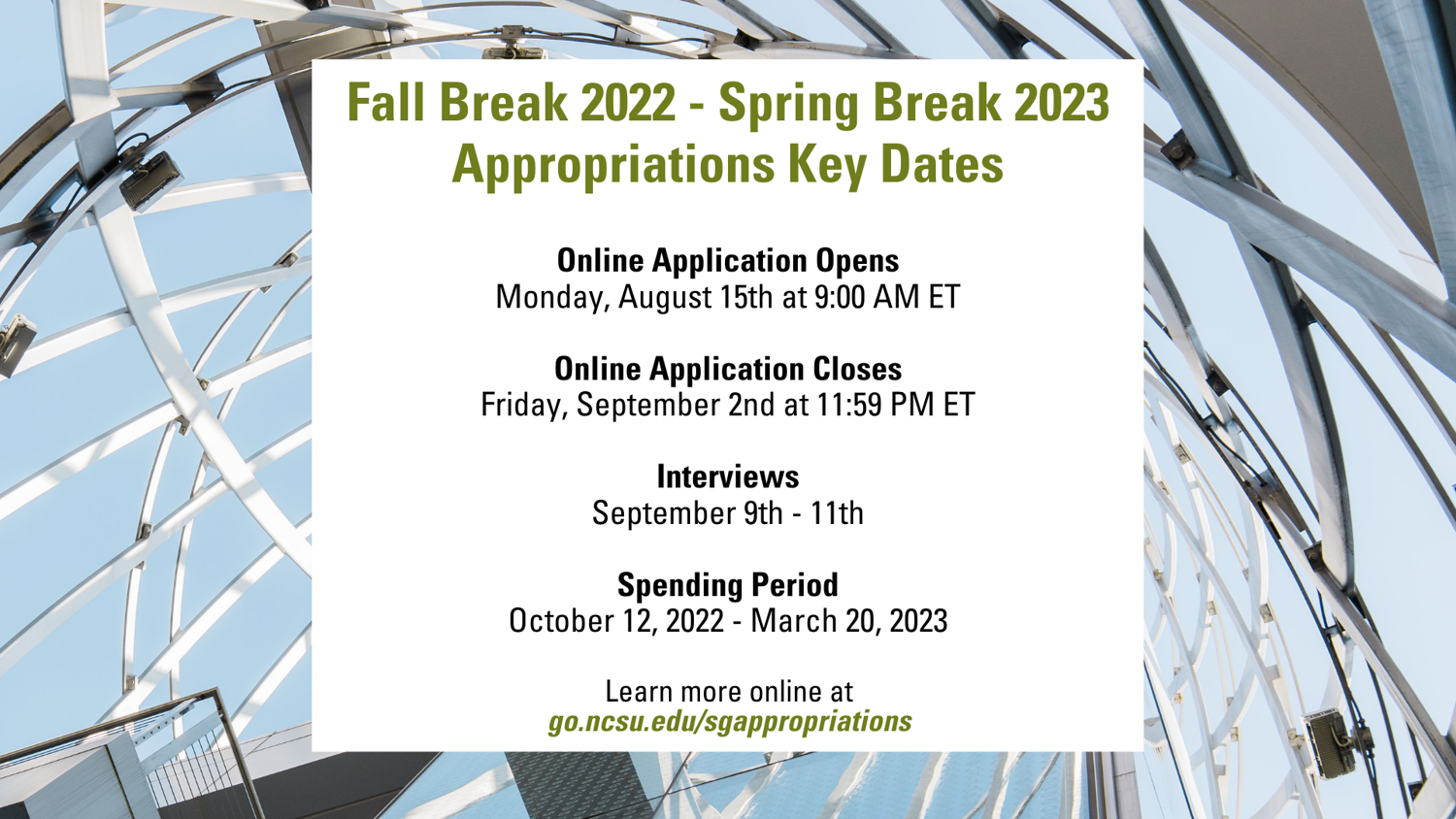 The Online Application opens on Monday, August 15, 2022 at 9:00 AM ET and will close on Friday, September 2, 2022 at 11:59 PM ET. Student Organization Interviews will be September 9th - 11th.