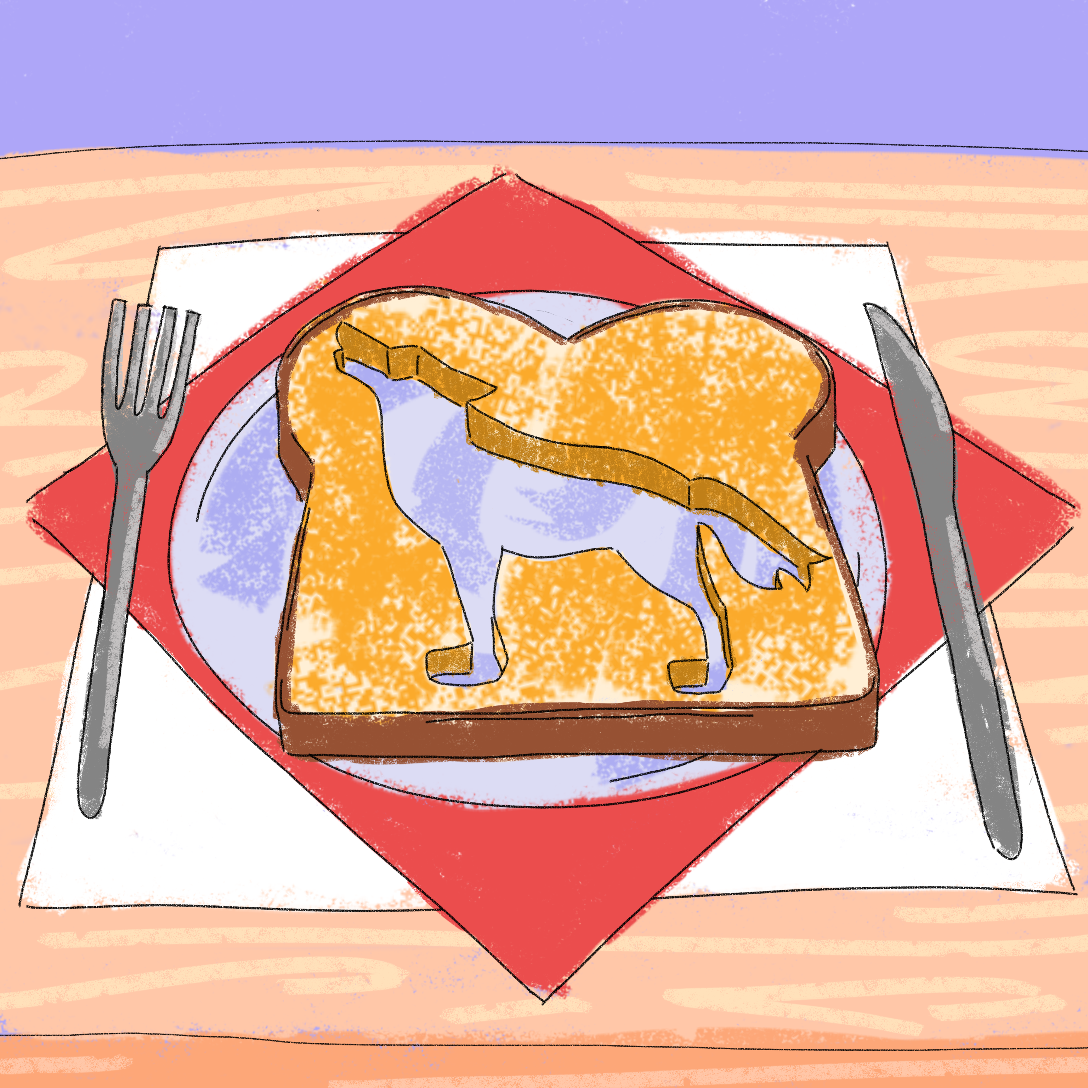 A piece of bread with a wolf-shaped cutout sits on a table